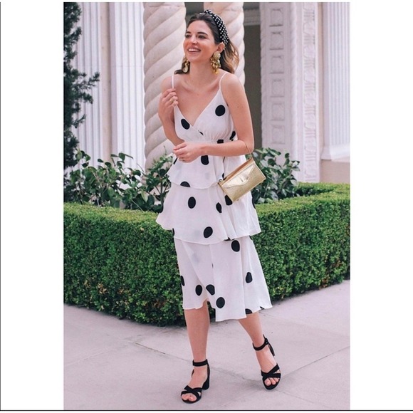 O.P.T Polka Dot Tiered Midi Dress Black and White - Picture 1 of 7